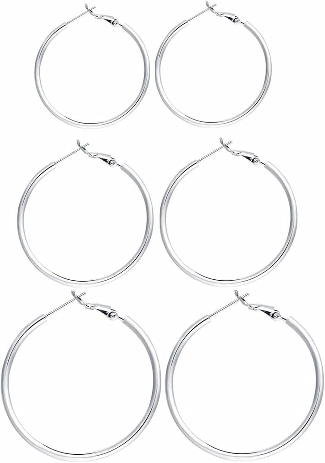 3 Pairs Sterling Silver Large Hoop Earrings Set for Women 40 50 60MM