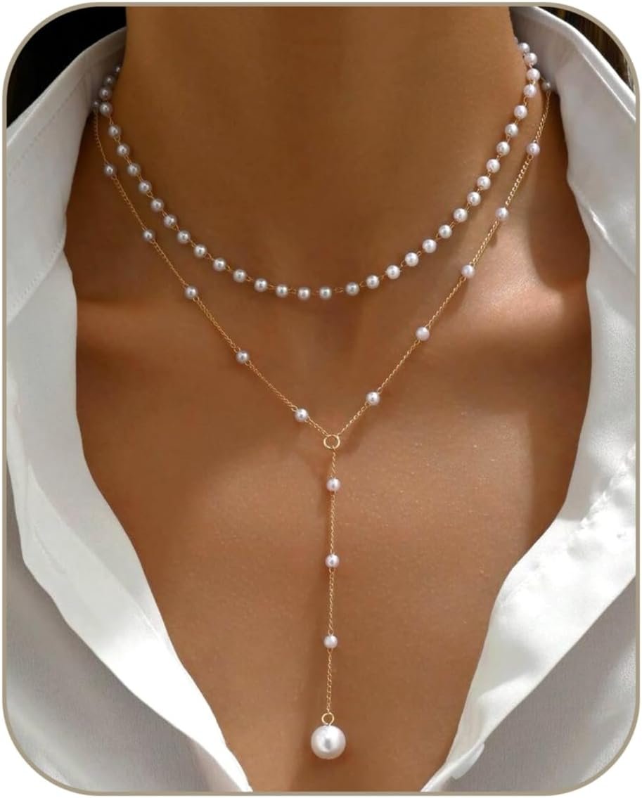 Layered Pearl Necklaces for Women 14K Gold Plated Trendy Faux Pearl Drop Y Necklace Dainty Pearl Choker Gold Layering Necklace,Jewelry Gift for Her,Mother,Wife,Girlfriend