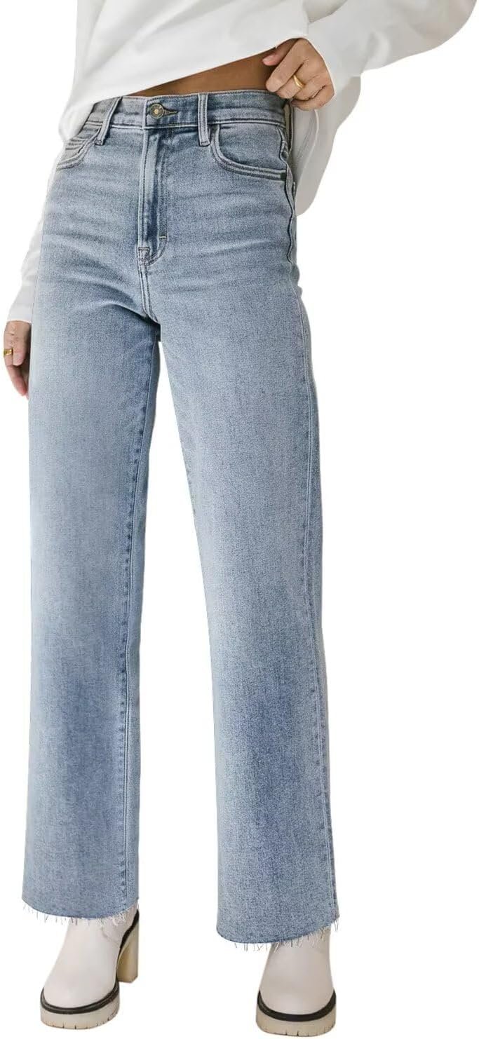 KDF Straight Leg Jeans for Women High Waisted Frayed Baggy Pants Stretchy Cropped Wide Leg Jeans