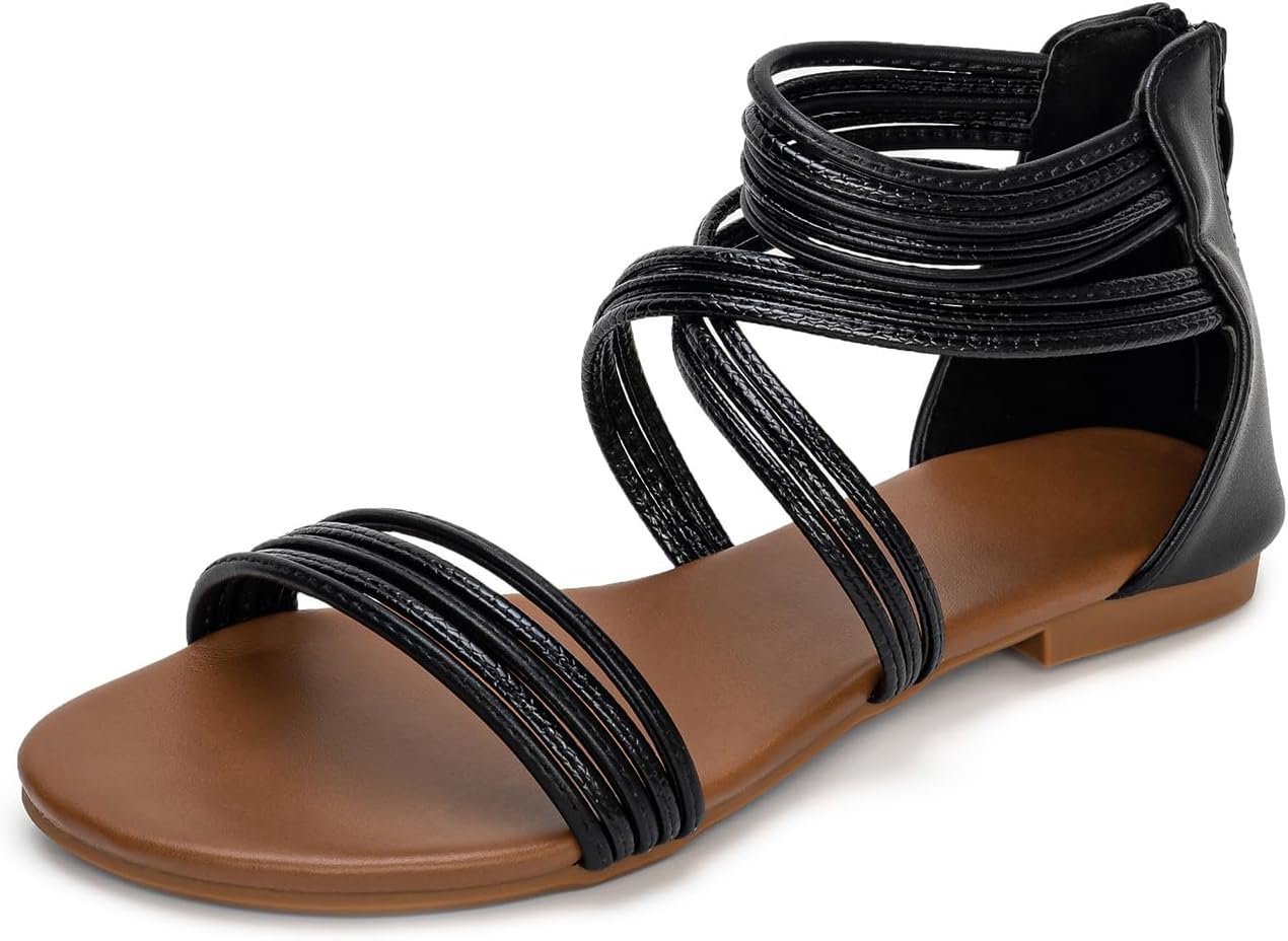 YEOJOU Gladiator Sandals for Women Strappy Leather Flat Sandals Open Toe Ankle Strap Back Zipper Comfortable Dressy Summer Shoes
