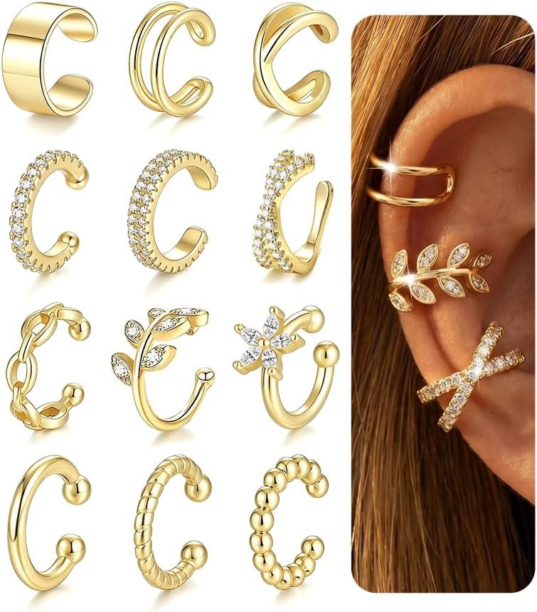 12Pcs 14K Gold Plated Ear Cuff for Women, Non-Piercing Clip On Cartilage