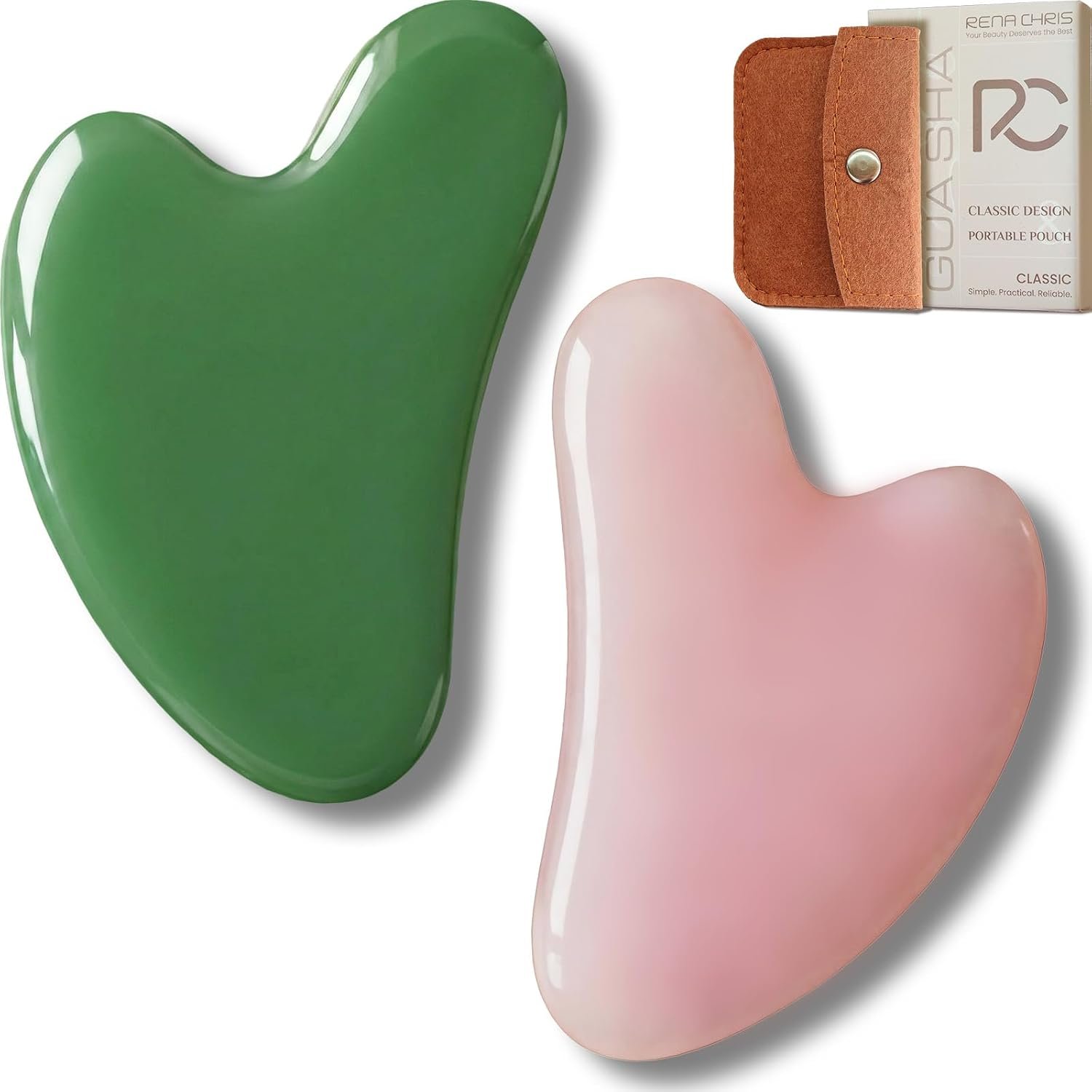Rena Chris 2PCS Gua Sha Facial Tools: Jade Stone Guasha Tool for Face Acupuncture Therapy, Facial Massager for Jawline Sculpting and Puffiness Reducing (Green & Pink)