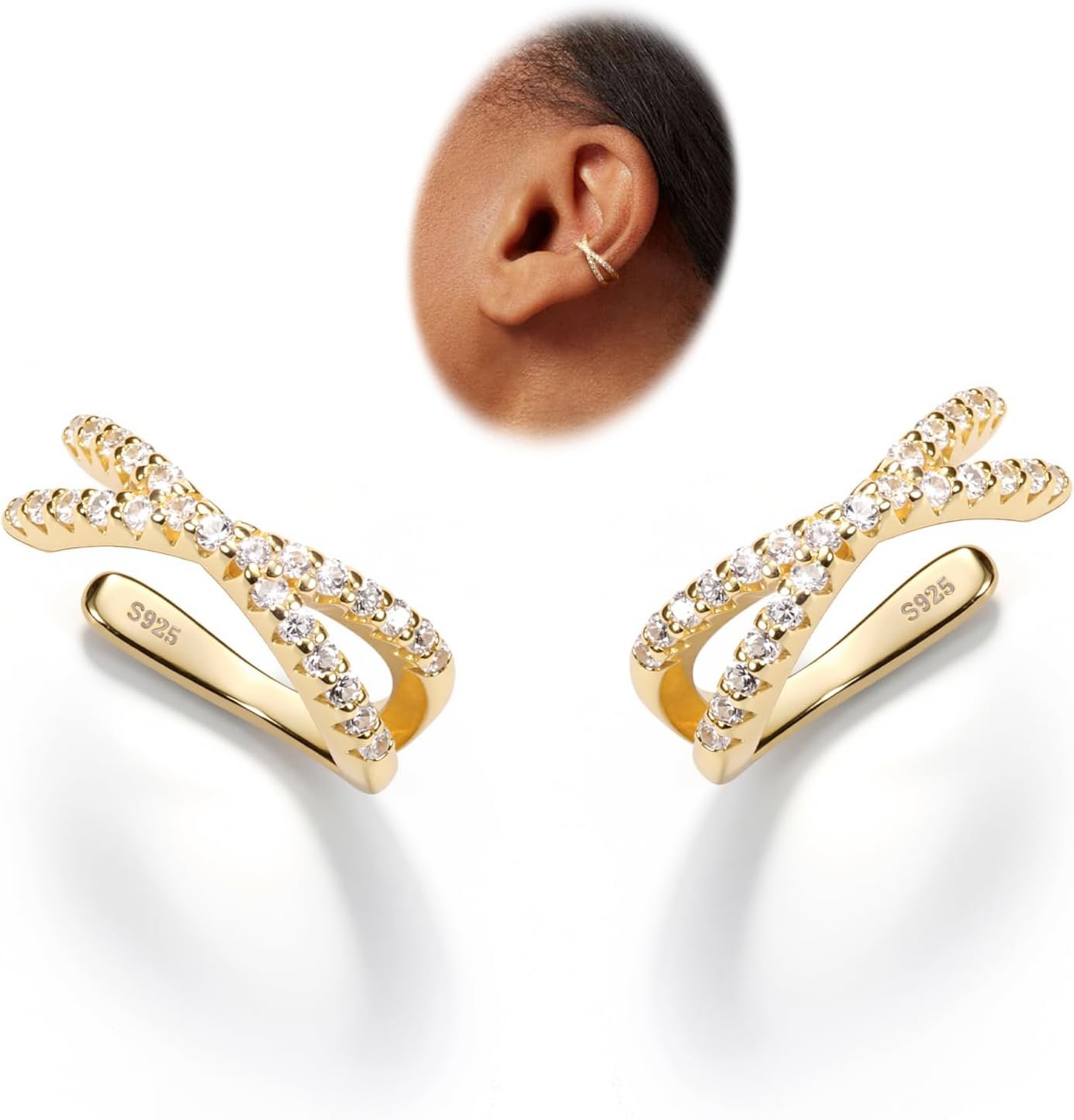 Sterling Silver Ear Cuffs Non Piercing Fake Conch Cuff Earrings for Women | 2 Pcs Adjustable Hypoallergenic Clip On Cartilage Helix Earrings with 5A Cubic Zirconia, 16K Gold Plated/Silver/Rose Gold
