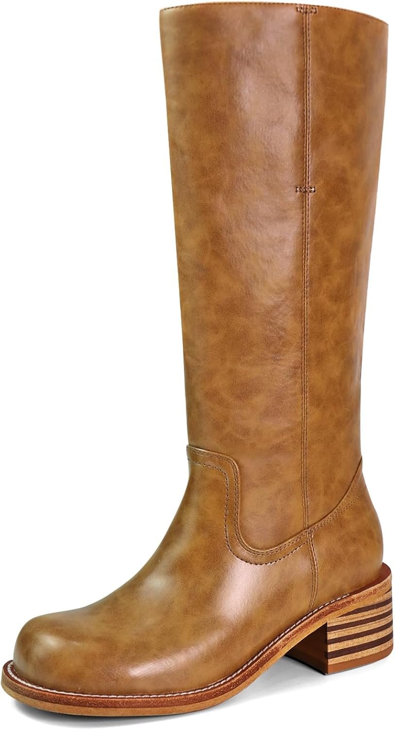 Women’s Knee High Boots Square Toe Chunky Block Heel Long Boots for Women Comfortable Low Heel Womens Boots