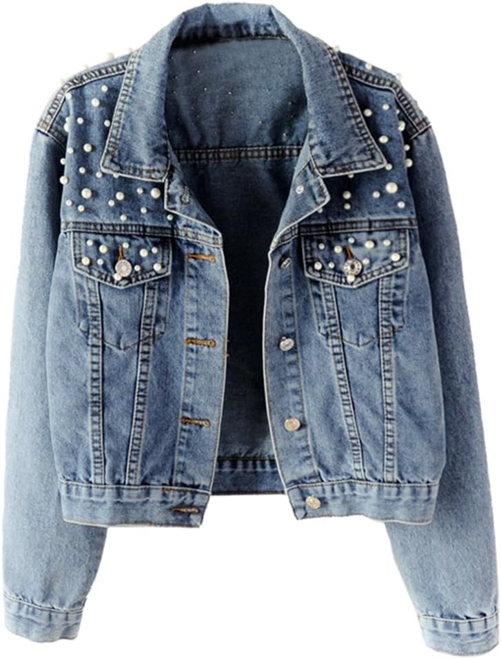 LifeShe Women’s Embroidered Pearl Denim Jean Jacket Coat