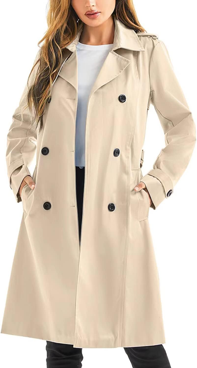 FARVALUE Women’s Waterproof Trench Coat Long Double Breasted Windbreaker Classic Belted Lapel Overcoat with Removable Hood
