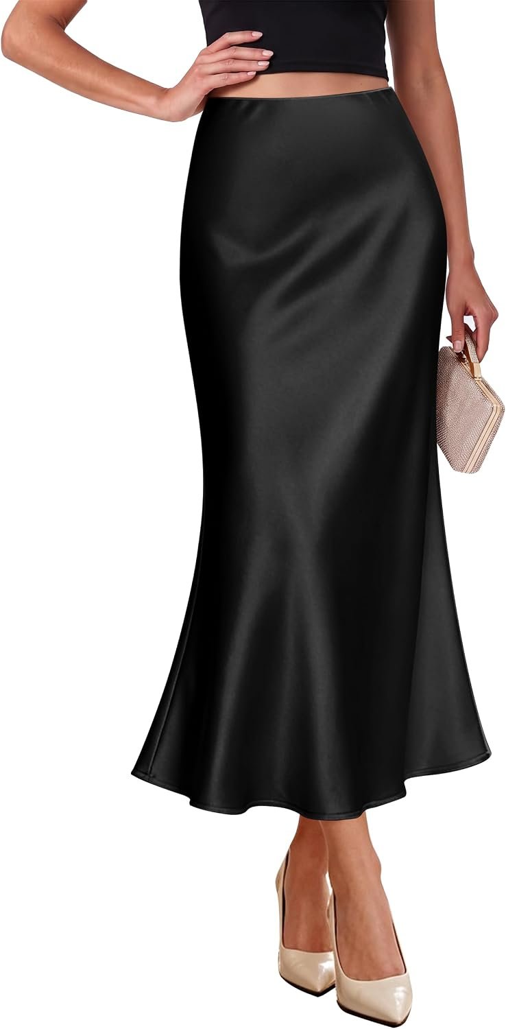 OFEEFAN Stain Skirts for Women Elegant High Waist Cocktail Party Midi Skirt