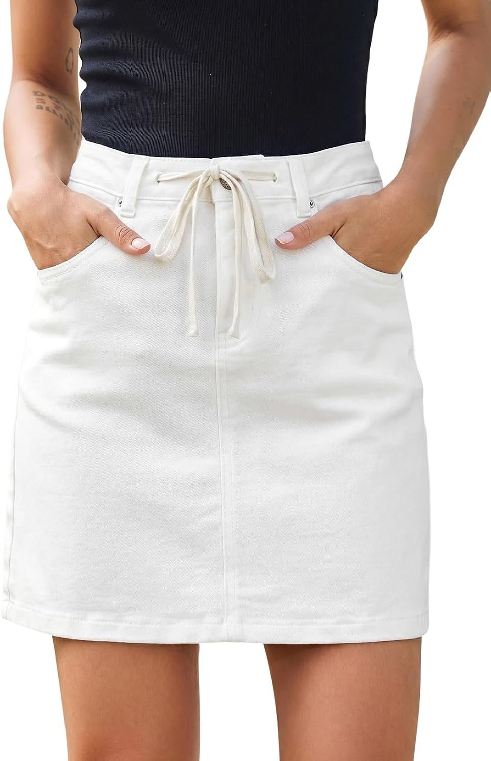 Sidefeel Women’s Jean Skirt High Waist Drawstring Stretchy Casual Summer Loose Fit Trendy Mini Denim Skirt with Pockets