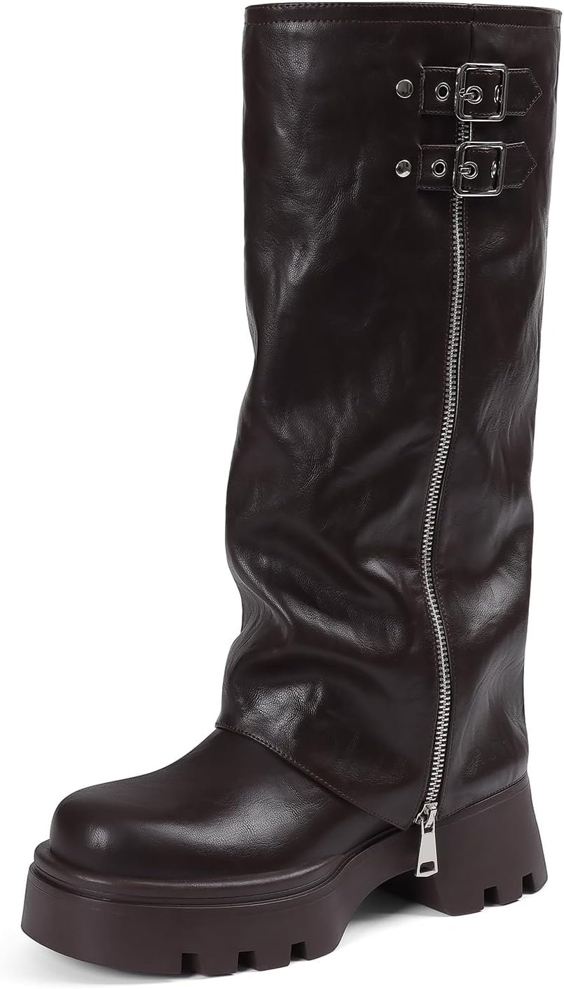 Lyrisiphy Platform Fold Over Knee High Boots Women Combat Riding Boots