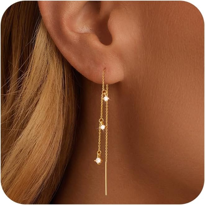 Gold Dangle Earrings for Women Non Tarnish 14K Gold Plated Drop Wedding Hypallergenic Earring Dainty Long Hanging Chain CZ Pearl Threader Earrings Trendy Silver Plated Jewelry for Women