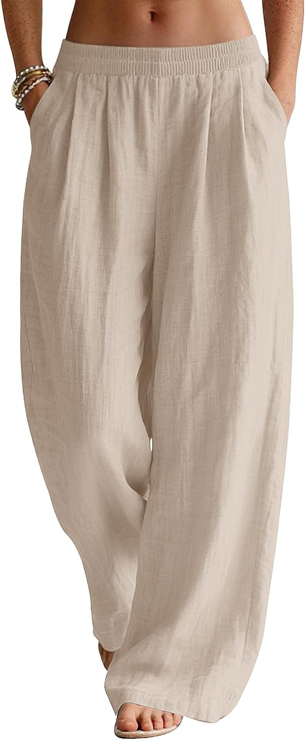LOMON Linen Pants Women Wide Leg Cotton Summer Pockets Pants Beach Vacation