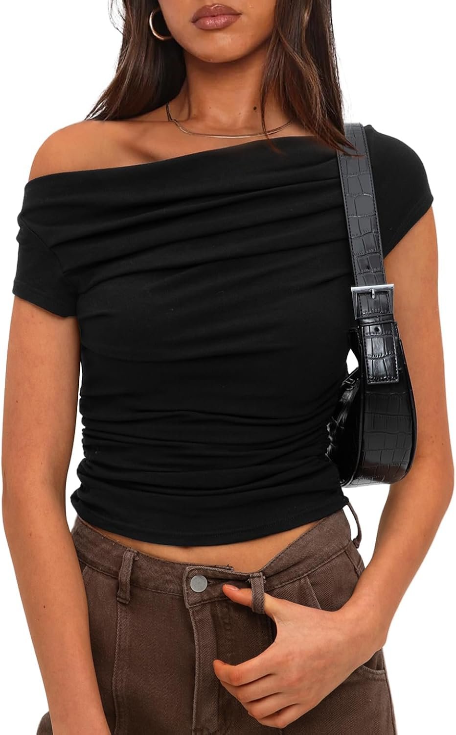 Darong Women’s Summer Cap Sleeve Boat Neck Off Shoulder Top Going Out Slim Fit Tops Y2K Tight Shirts