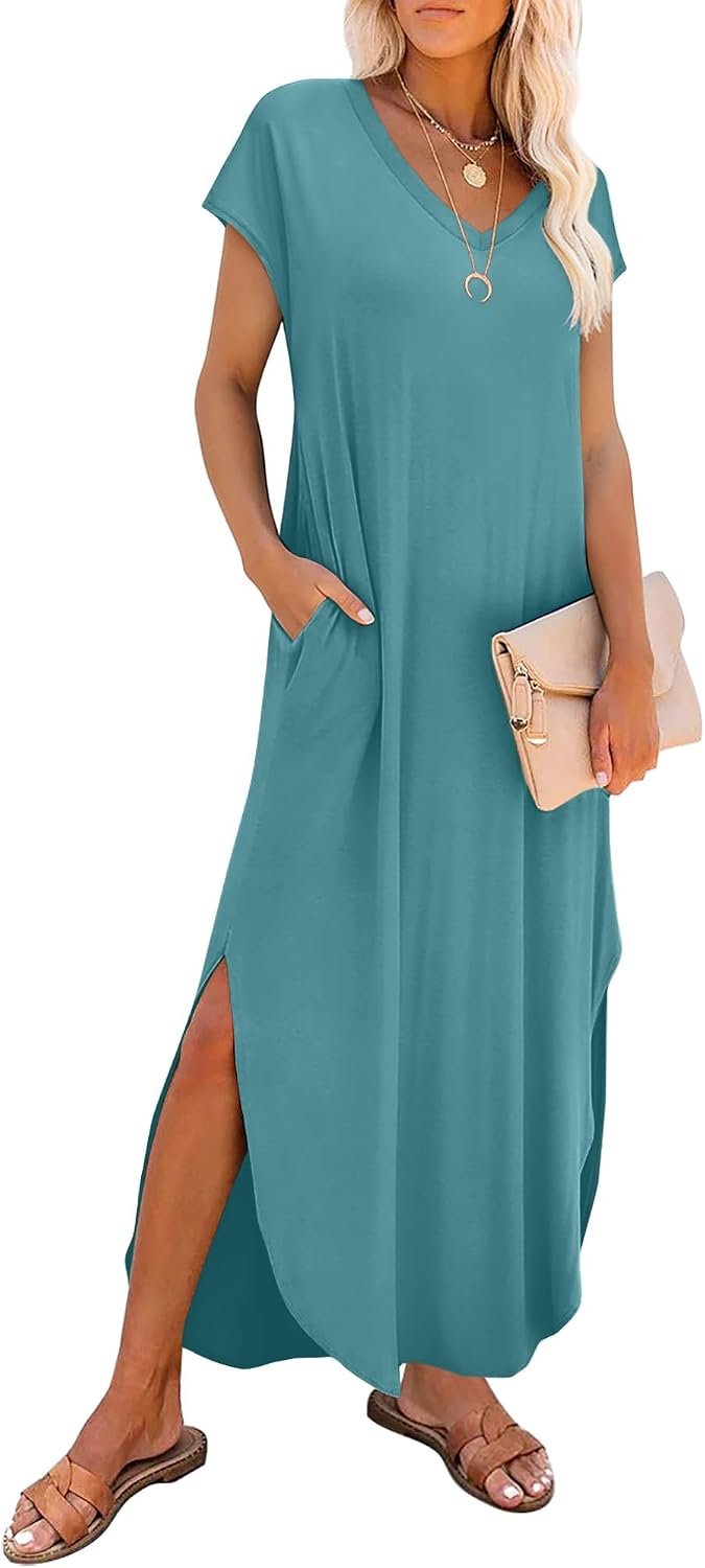 RUMIA Summer Maxi Dresses for Women Cap Sleeve Long Sundress with Pockets