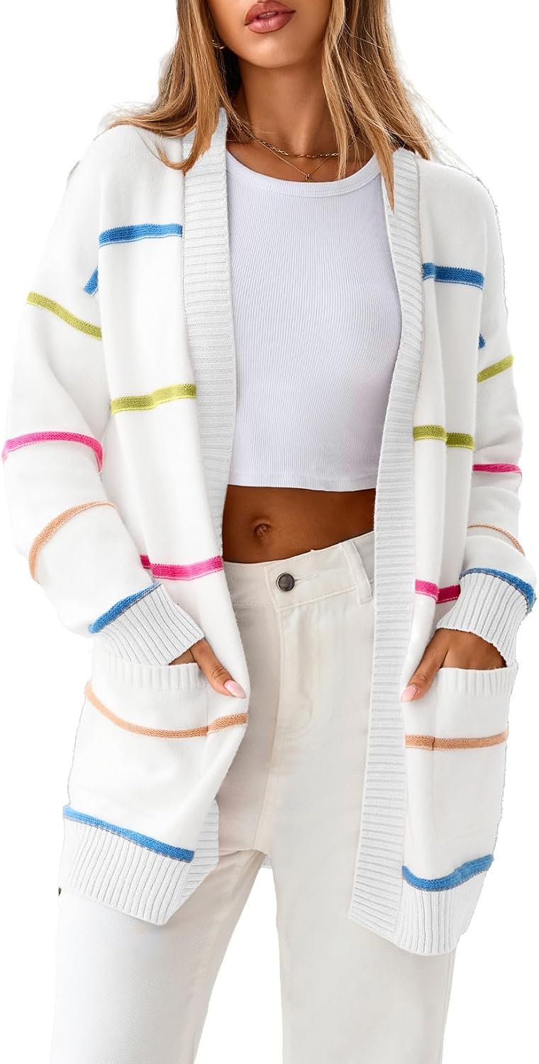 Sidefeel Open Front Striped Cardigan Sweaters for Women