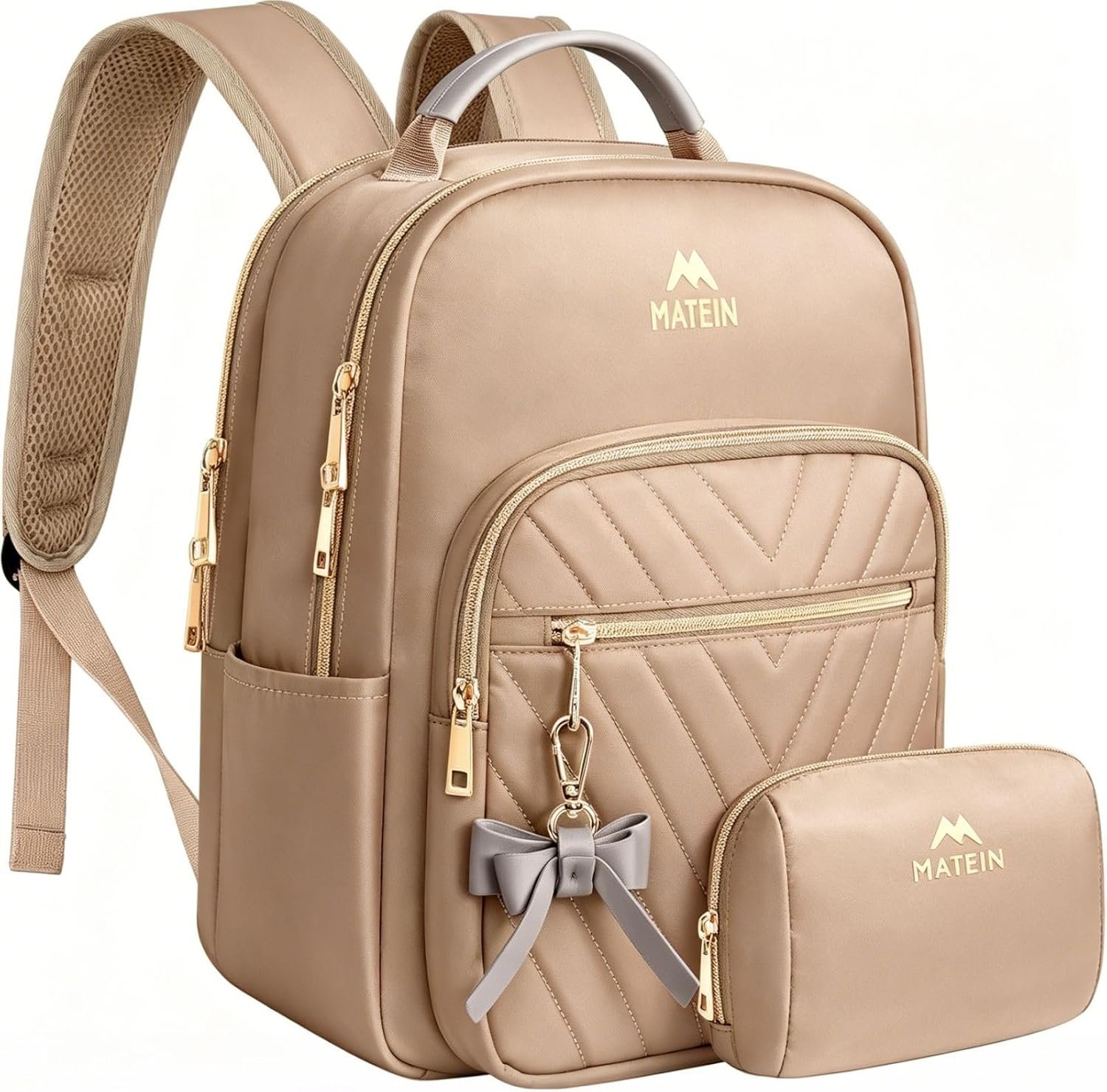 MATEIN Small Backpack Purse for Women, Mini Bookbag, 2pcs Sets, Champagne
