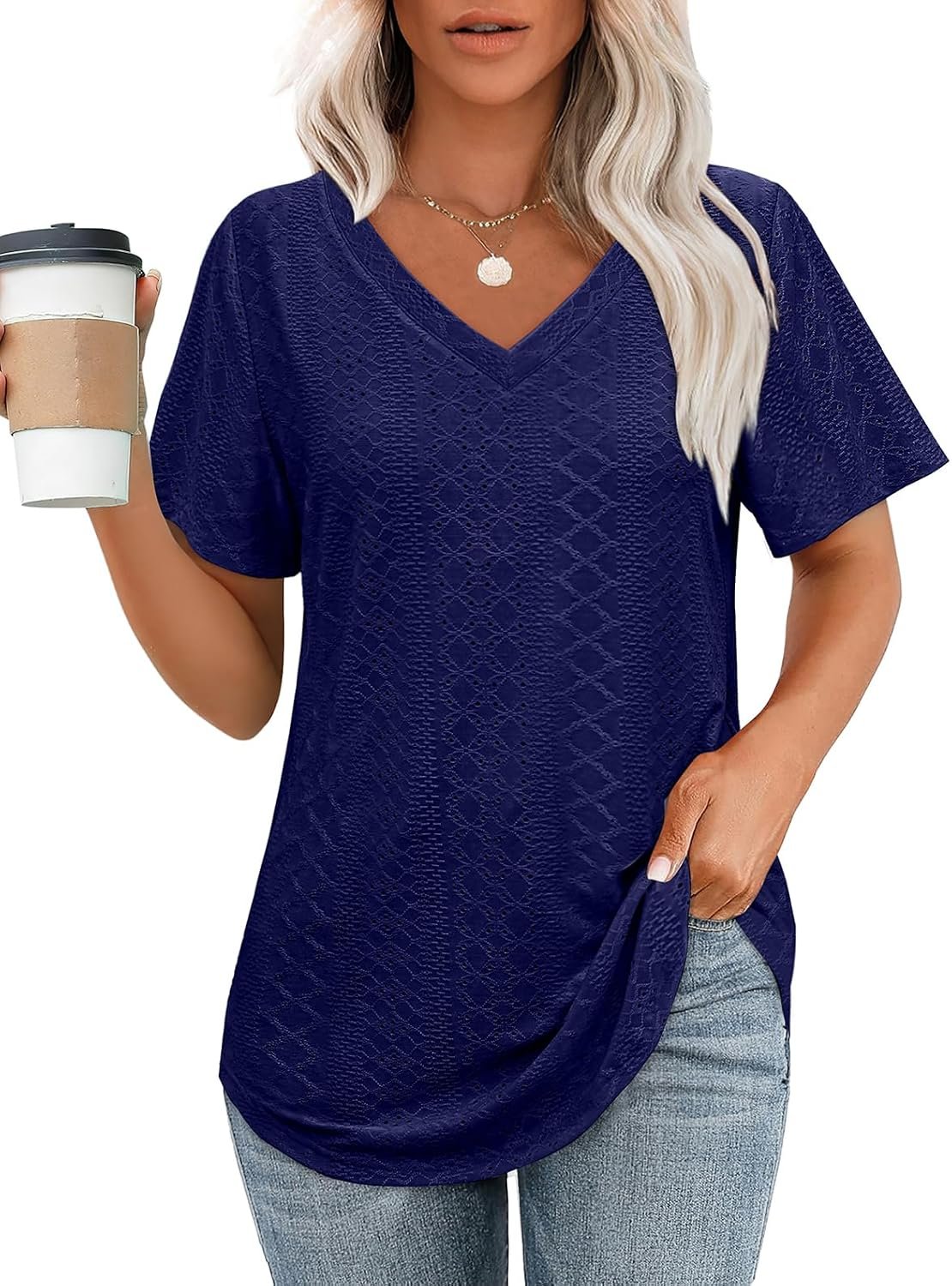 OFEEFAN Womens T Shirts V Neck Short Sleeve Casual Tops Loose Fit Basic Tees with Curved Hem