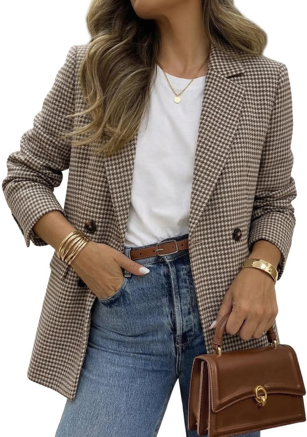 ELLEVEN Oversized Plaid Tweed Blazer, Boyfriend Jacket for Work Casual Wear