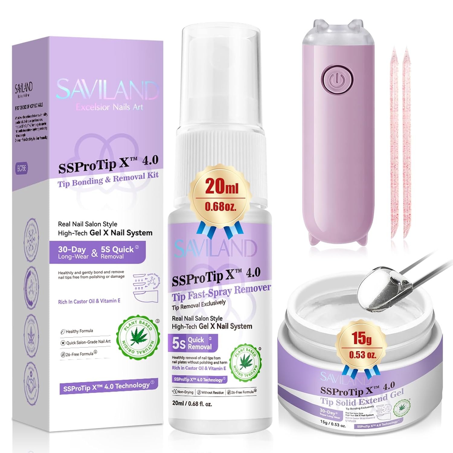 SAVILAND Solid Nail Glue Gel & Nail Glue Remover Kit: U V Light for Nails Complete Nails Tools for Press Ons Strong Nail Glue Gel Handheld Gel X Lamp for Gel Nails and Quick Press On Nail Remover | 14-day bonding, 5-second spray removal, 60-120s curing, Castor Oil and Vitamin E, reusable tips for home and salon nail art