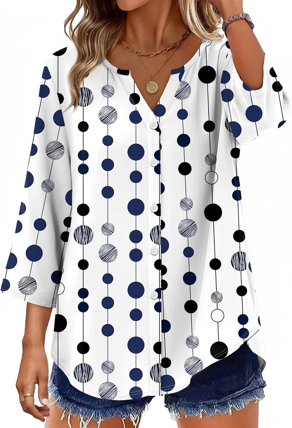 OFEEFAN Button Down Shirts for Women 3/4 Length Sleeve Tops V Neck Blouses Business Casual Outfits Loose Fit