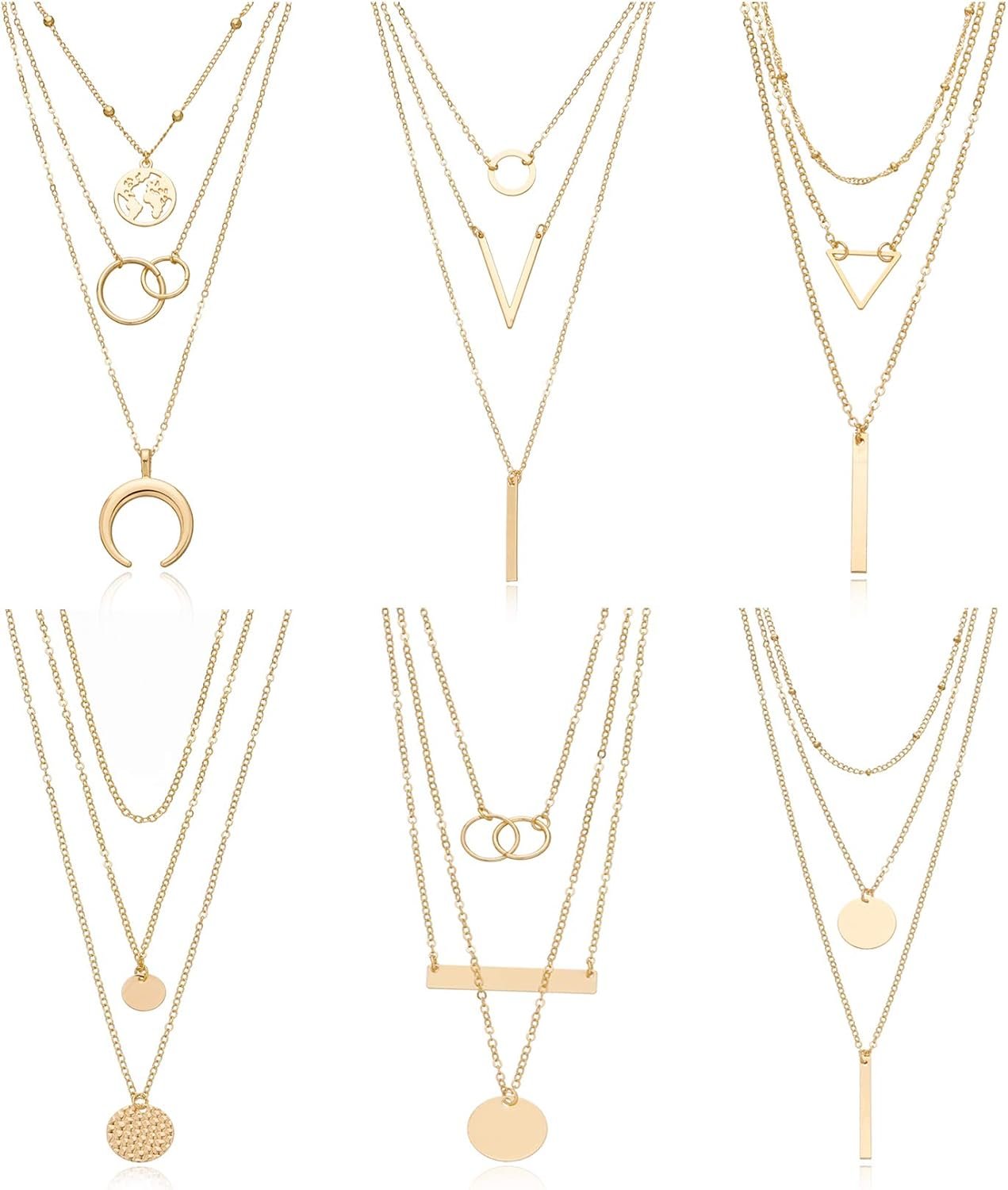 6 Pieces Layered Necklaces For Women Long Necklaces Gold Choker Necklaces Map Coin Bar Crescent Moon Necklace Layered Y Pendant Necklace Multilayer