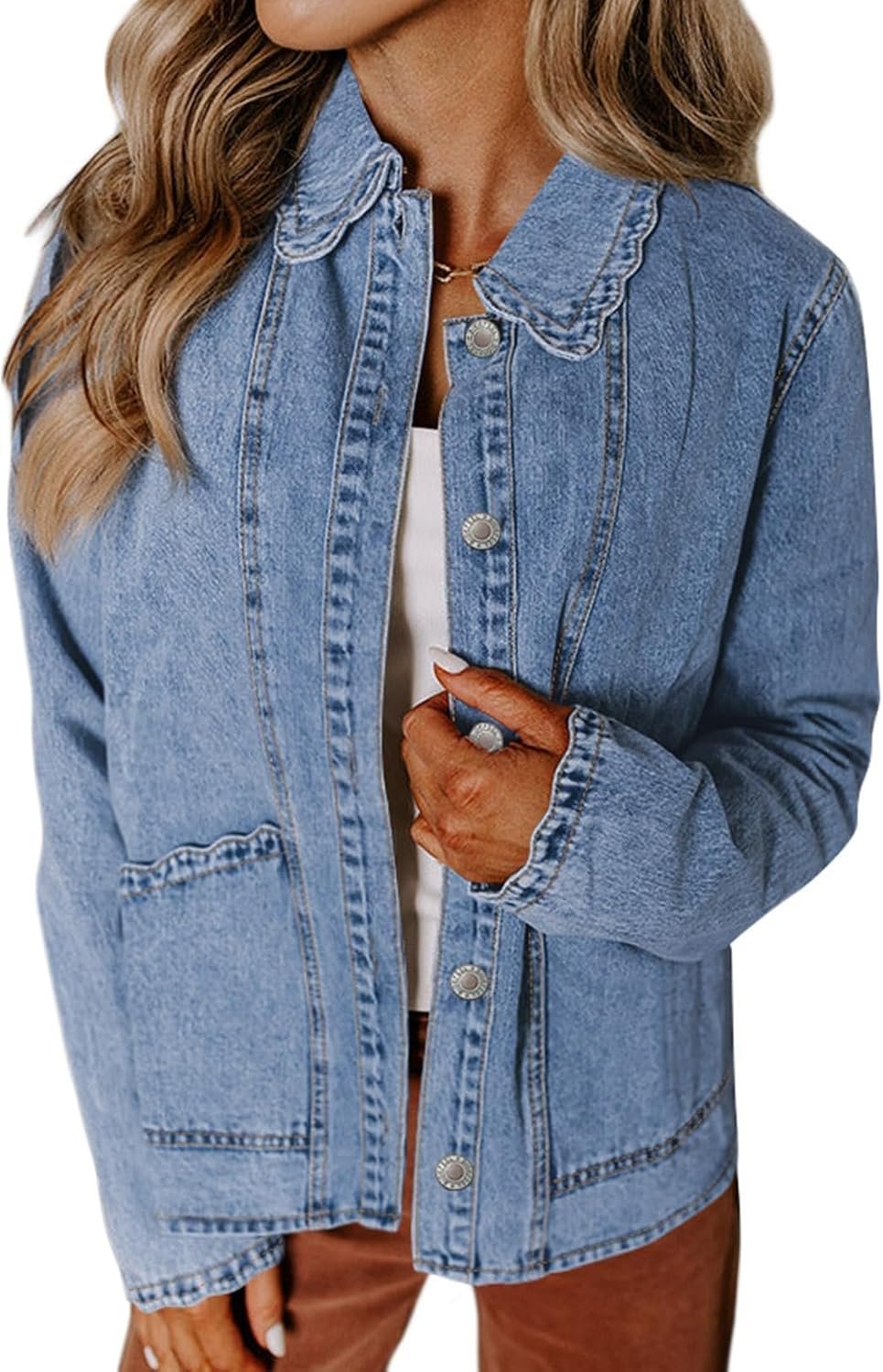 Sidefeel Women’s Jean Jacket Long Sleeve Ruffled Denim Jacket Shacket