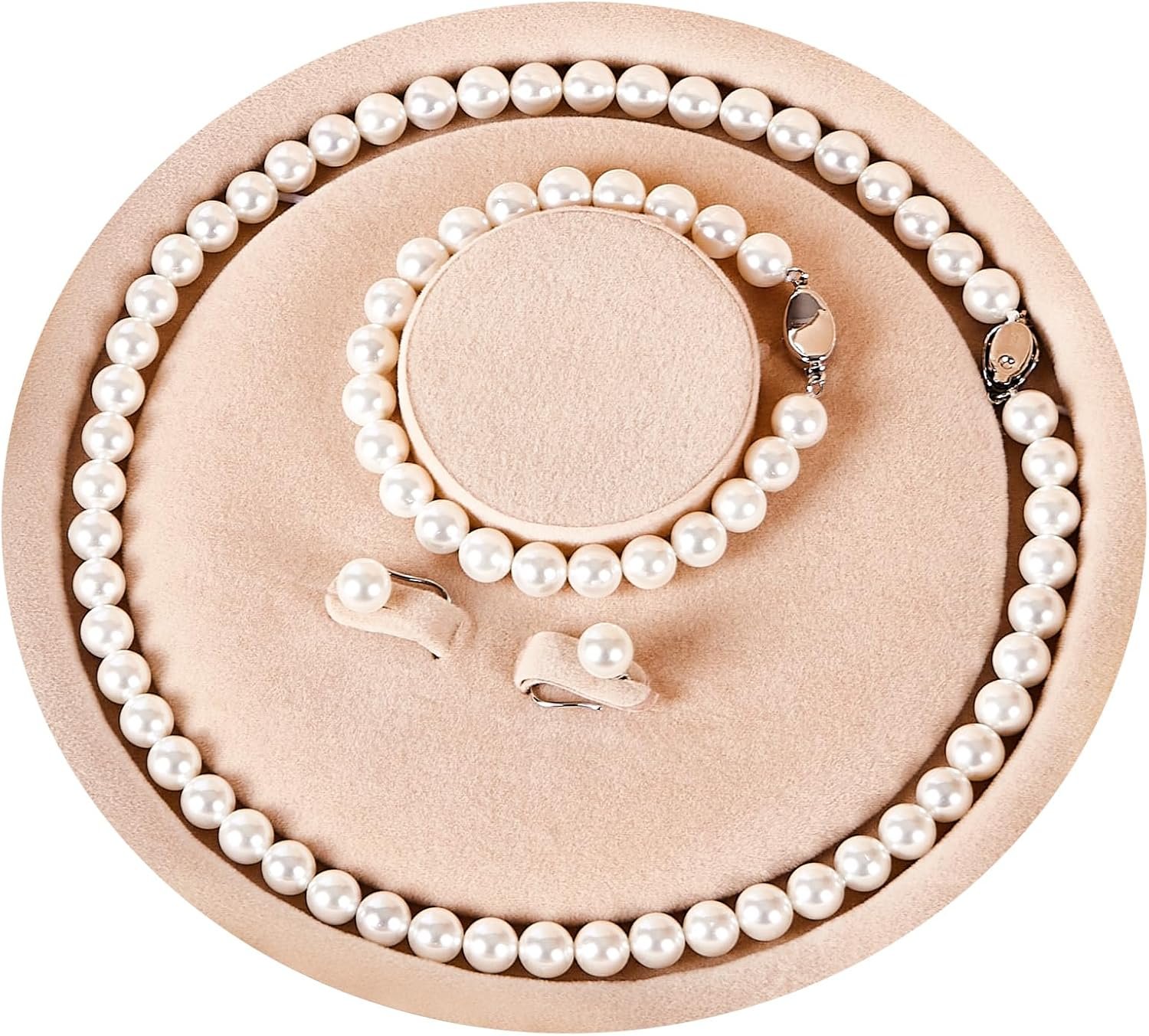 Pearl Necklace Set, featuring an exquisite bracelet, stud earrings, and necklace. This pearl necklace, bracelet, and ring ensemble radiates elegant charm, effortlessly elevating the sophistication of everyday attire. Perfect for weddings, banquets, or birthday celebrations, it also makes a thoughtful gift for women