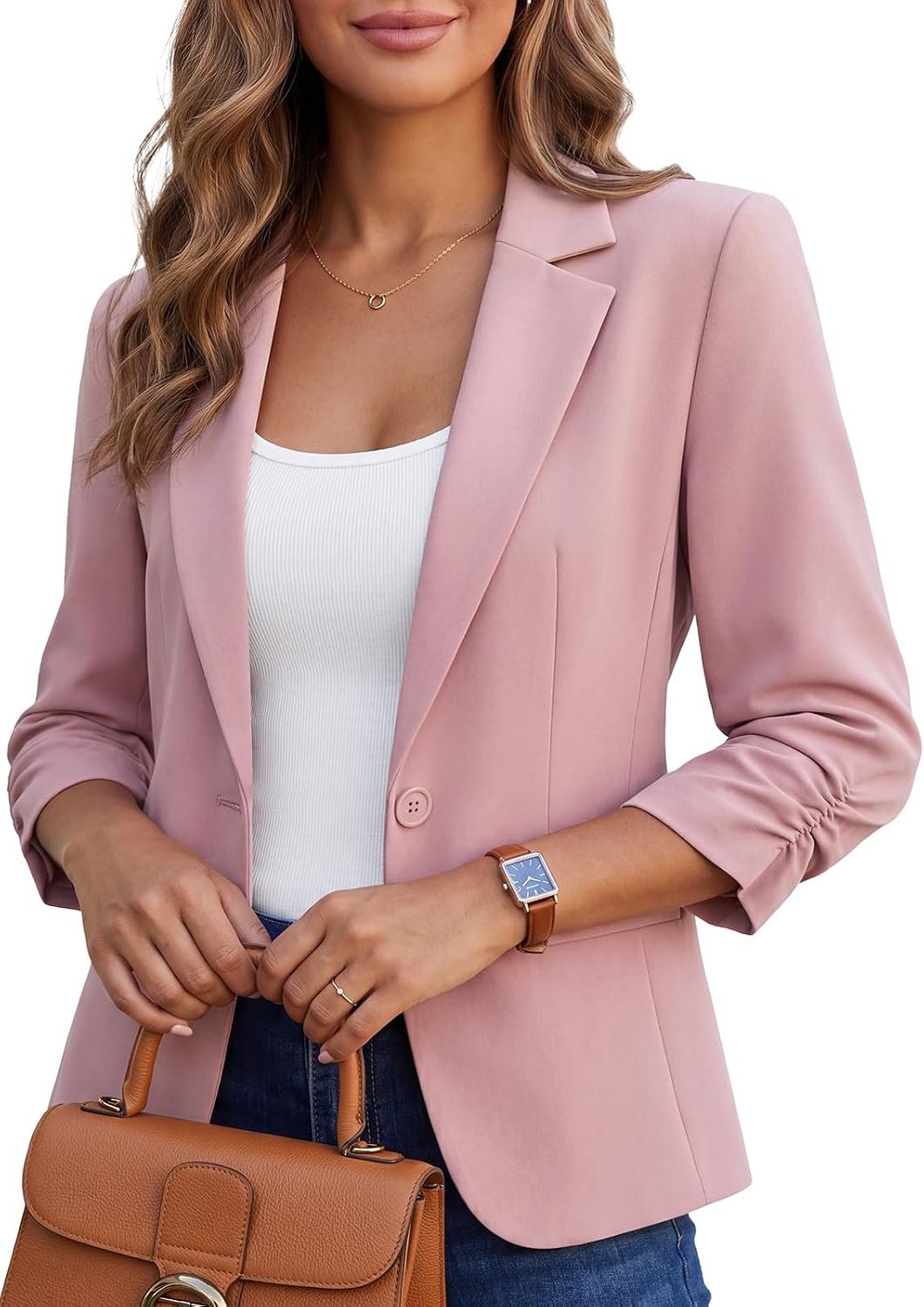 Kelyaa Women’s 3/4 Sleeve Casual Blazer Slim Fit Work Suit Jacket | Shoulder pads,2 pockets,and full lining