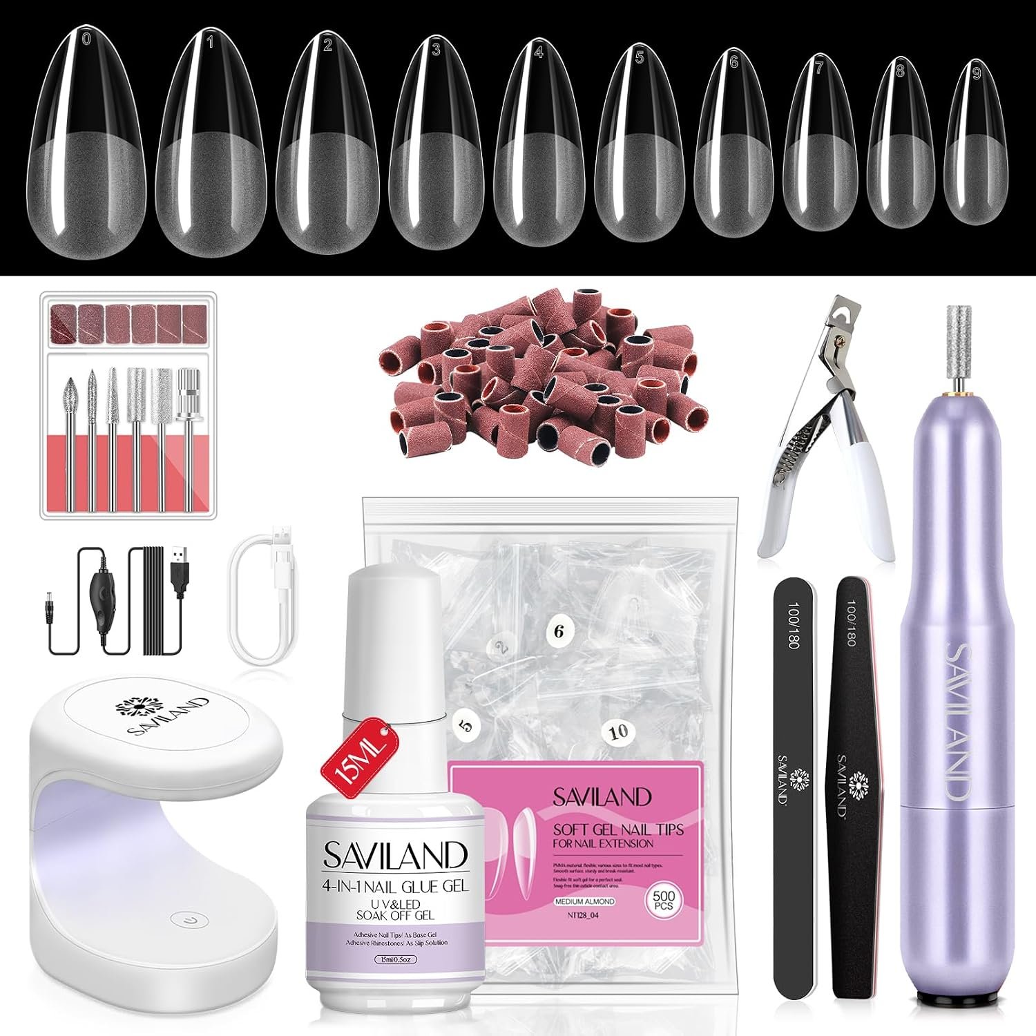 SAVILAND Gel Nail Kit with 500 Medium Almond Tips, Nail Drill and U V Lamp | Pre-etched soft gel tips, 4-in-1 glue gel, 20,000 RPM dual-direction drill, prep and removal tools for home extensions
