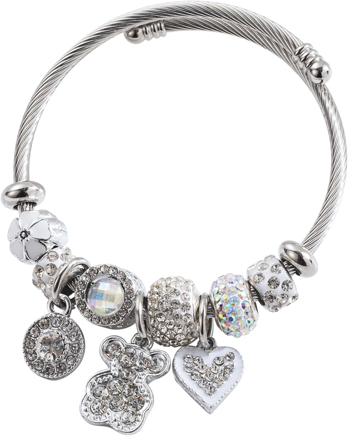 Silver Women Bracelets – Adjustable Charm Bracelets for Women Birthday Gifts Favors Titanium Steel Bracelet Bundle Jewelry Kit