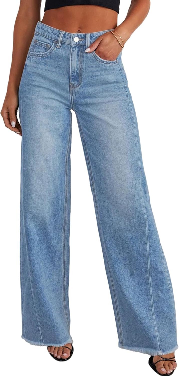 PRETTYGARDEN Women’s Wide Leg Jeans Raw Hem Denim Pants