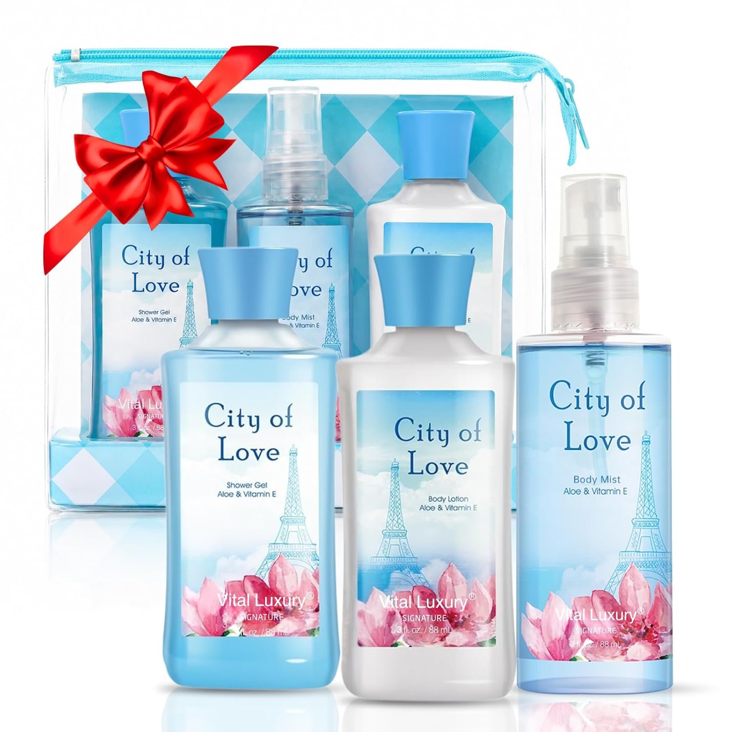 Bath and Body Gift Set for Women, City of Love 3PCS Spa Set with Shower Gel, Body Lotion & Body Mist, 3 fl oz Each, Self Care Spa Gift for Her, Mom, Sister, Grandma, Friends