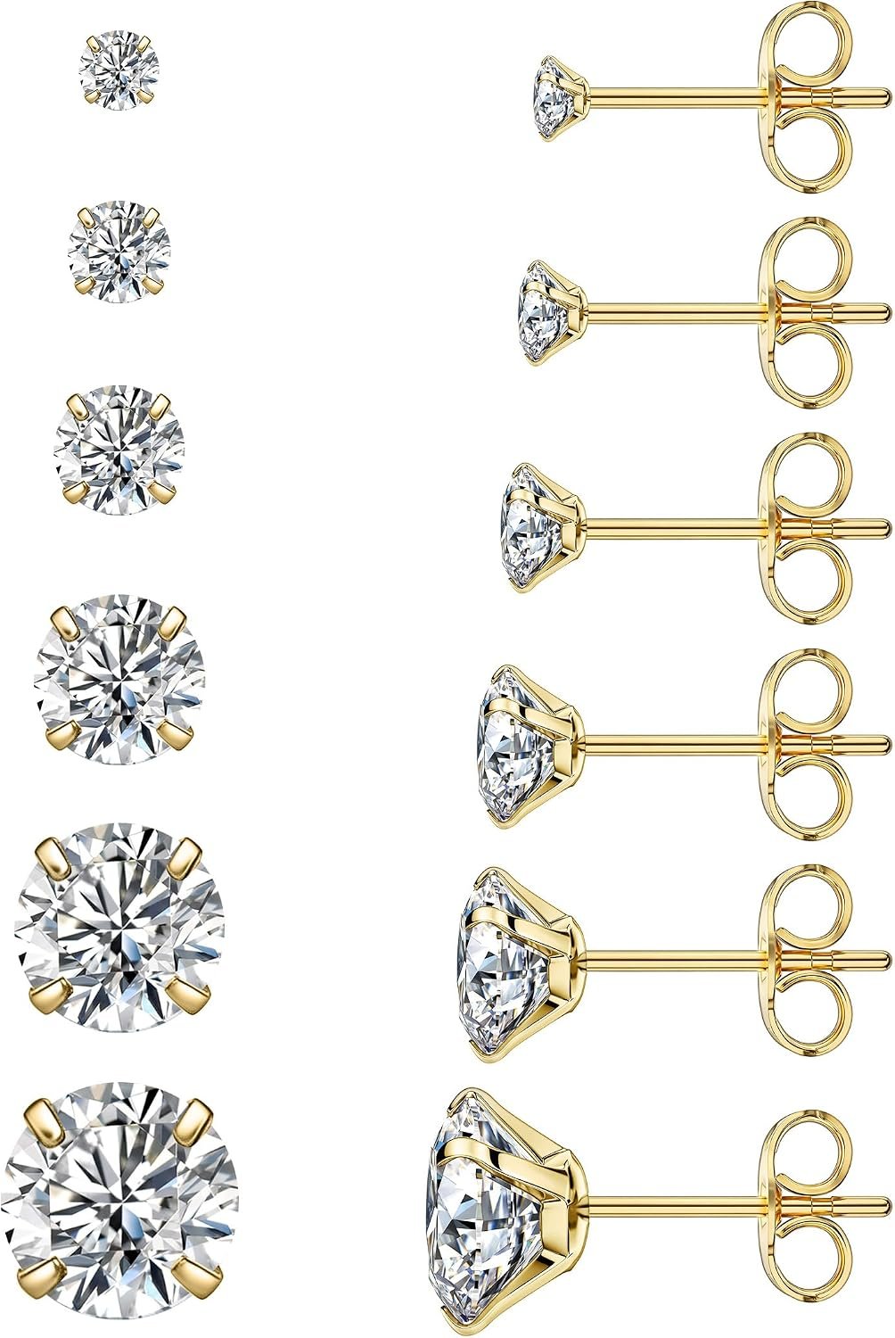 6 Pairs Stud Earrings Set, Hypoallergenic Cubic Zirconia 316L Earrings Stainless Steel CZ Earrings 3-8mm