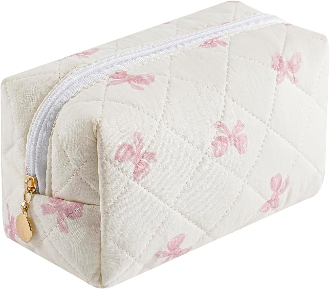 Cute Floral Cotton Makeup Bag, Quilted Makeup Bag for Women Girls, Travel Floral Cosmetic Bag Zipper Make Up Pouch, Flowers Toiletry Organizer Bag (Small Red Bowknot)