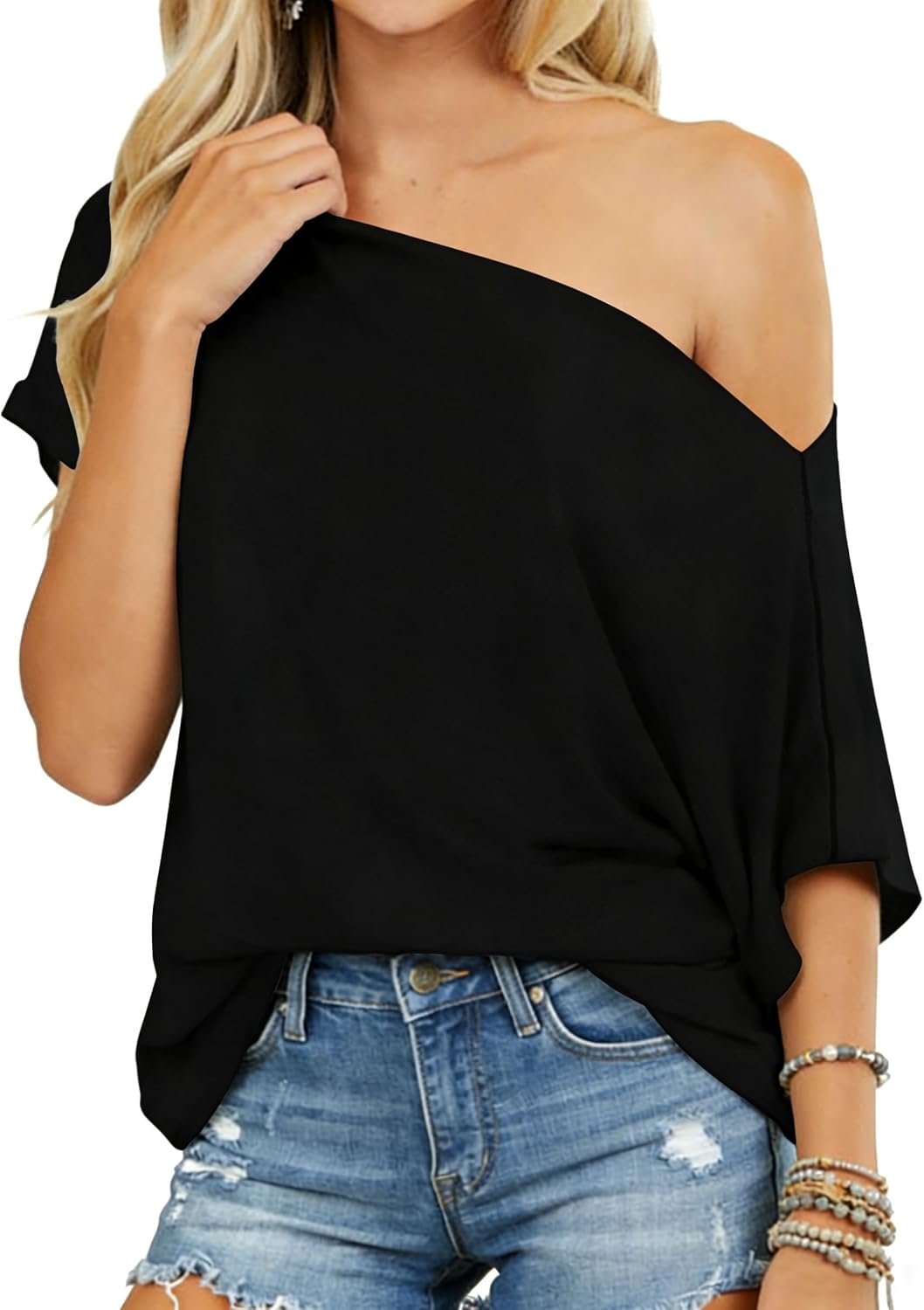 Dressmine Womens Off The Shoulder T Shirt Raglan Sleeve Tops Oversized Loose Fitting Summer Tunic Blouse