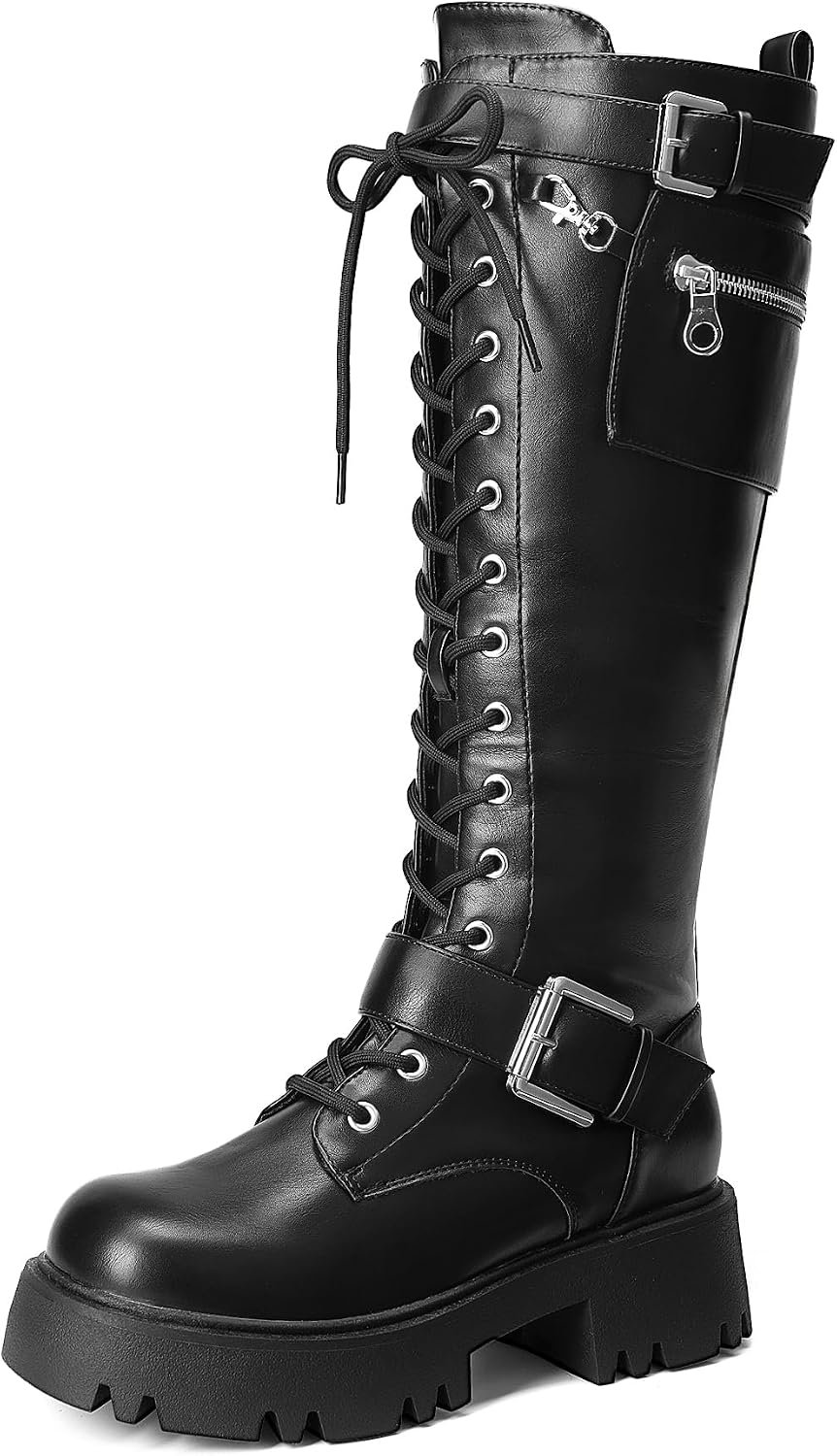 DREAM PAIRS Womens Knee High Combat Boots Platform Heels