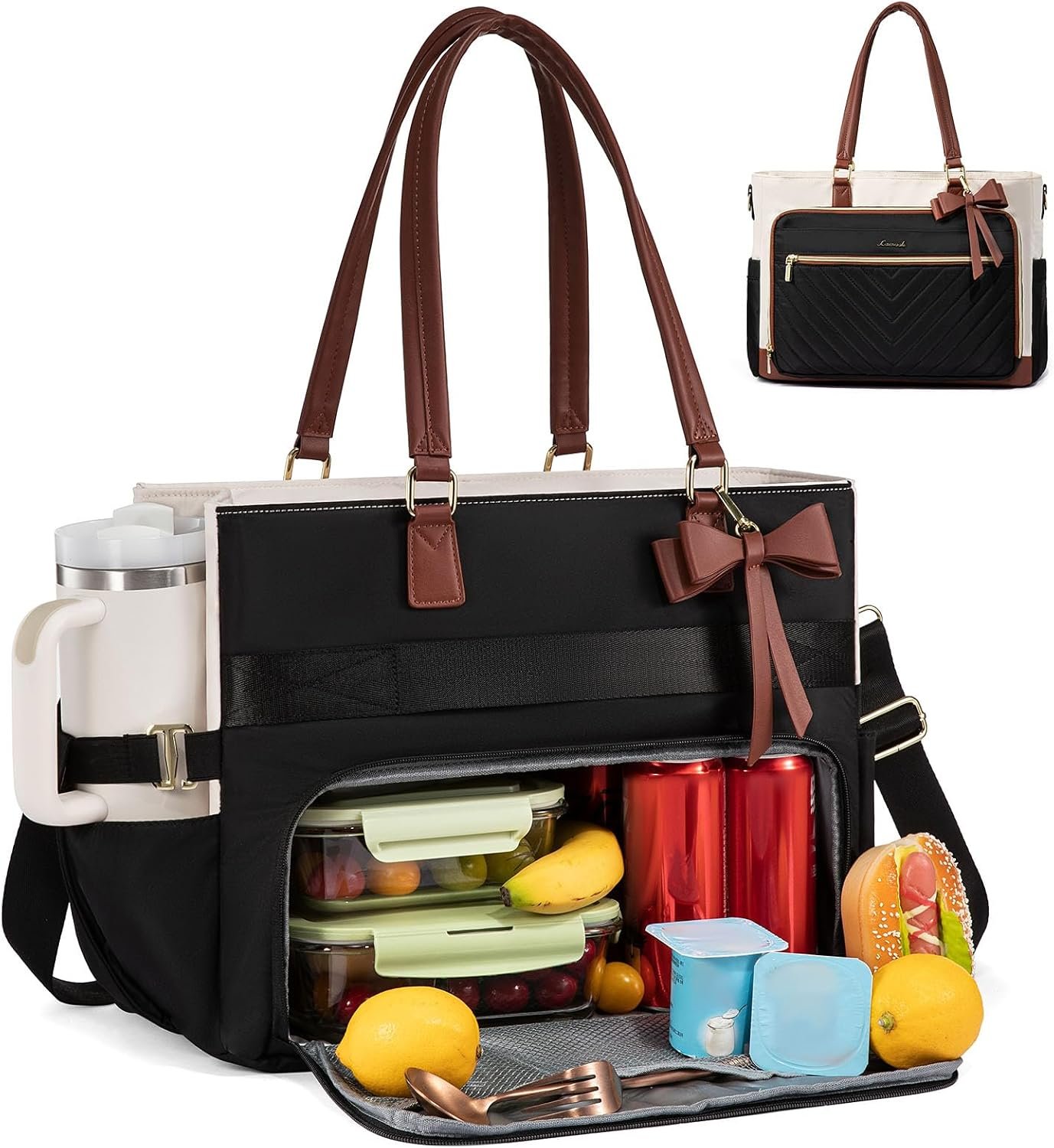 LOVEVOOK Lunch Bag, Tote Bag for Women with Insulated Lunch Compartment, Laptop Bag with Large Capacity & Cup Holder, Work Tote for Teacher, Nurse, Travel, College, Daily, Black-Beige-Brown, 15.6 Inch