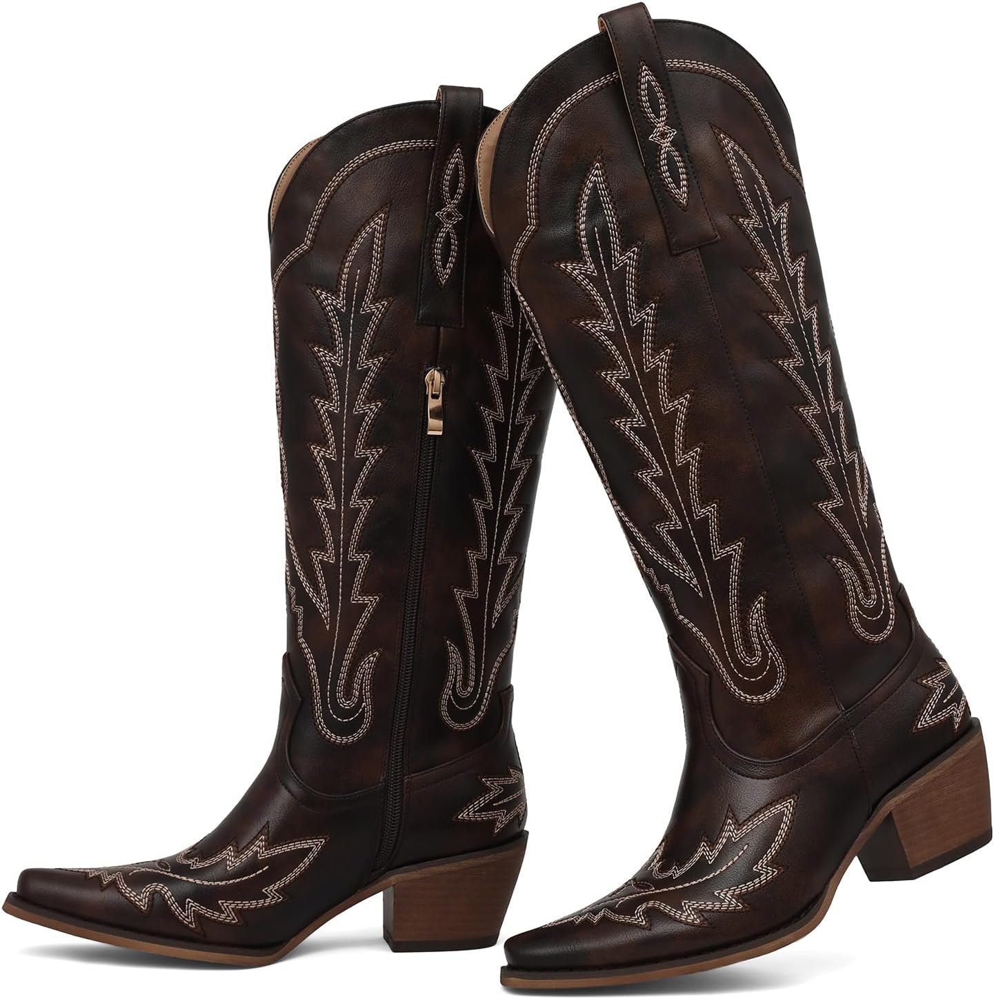 mikarka Western Cowboy Boots for Women Cowgirl Knee High Boots Pointed Toe Chunky Heel Faux Leather & Suede Vintage Classic Tall Boots