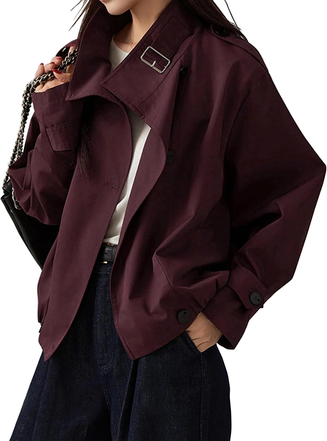 Megfie Jackets for Women Vintage Trench Coat Funnel Neck Cropped Jackets