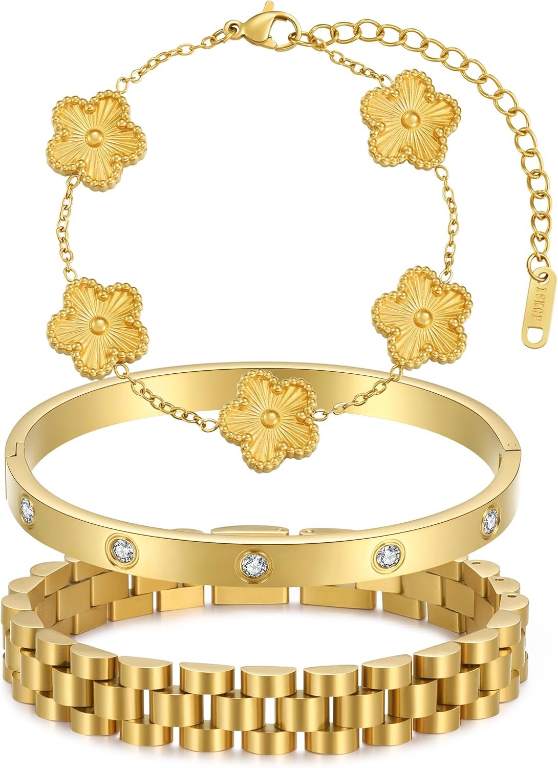 Stackable Four Leaf Clover Bracelets for Women, 18K Gold Plated Love Bangle Bracelets Set, 3 Pcs Charm Jewelry Gifts