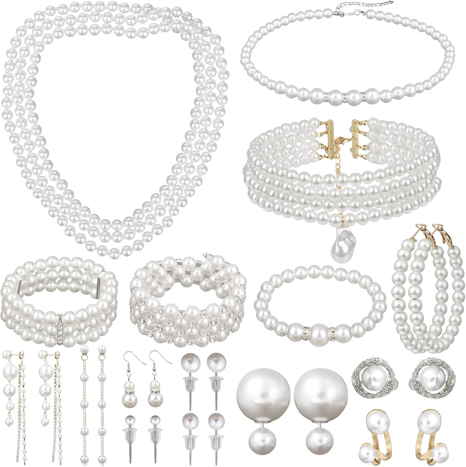 Jupwalz 11/16 PCS Pearl Jewelry Set with Necklace, Earrings and Bracelets, Pearl Necklaces for Women, Faux Pearls Set Jewelry for Wedding, Bridal, Christmas Party