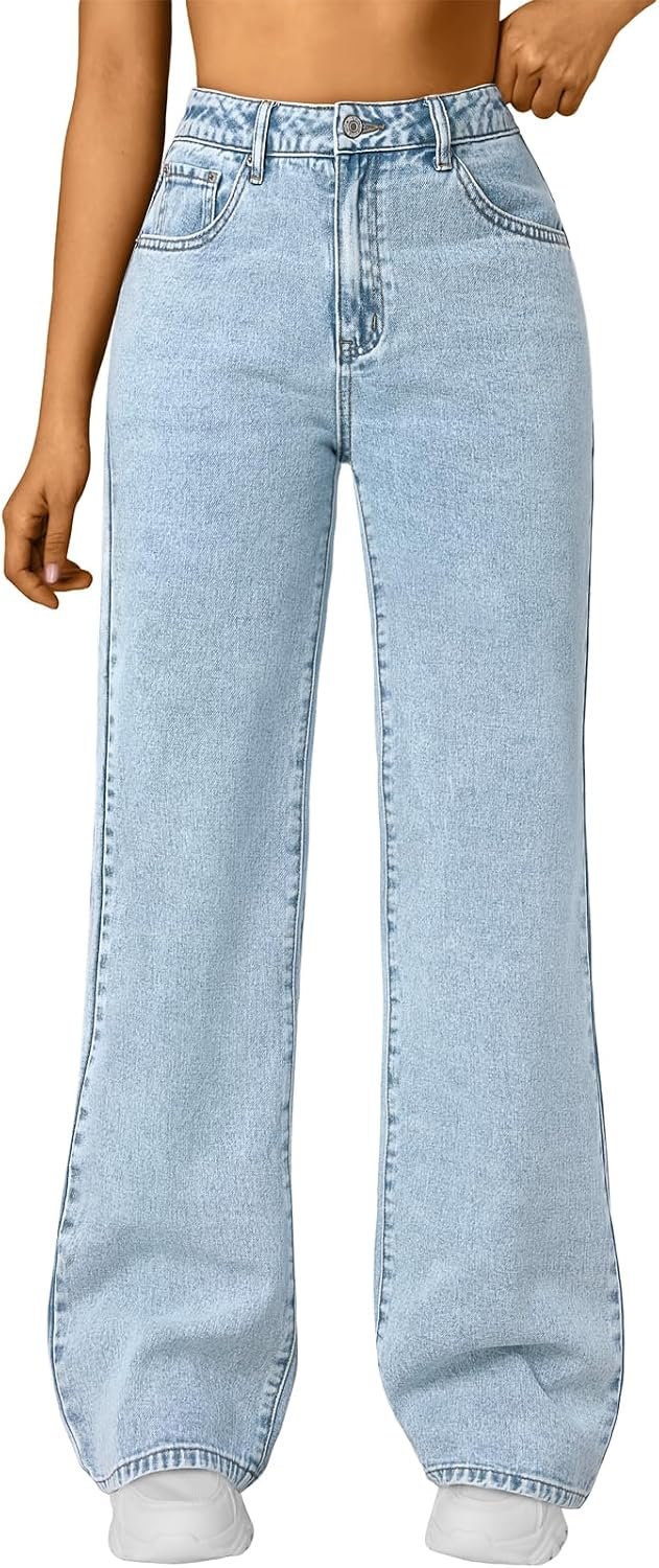 Trendy Queen Women High Waisted Straight Wide Leg Jeans Stretch Baggy Pants