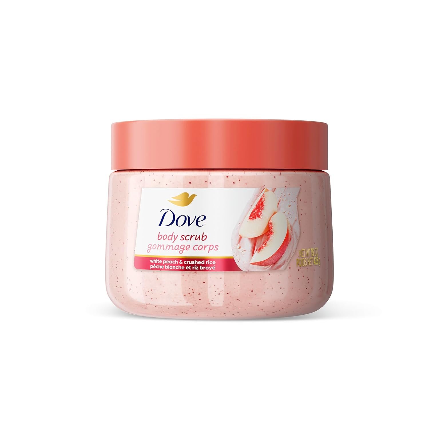 Dove White Peach & Crushed Rice Body Scrub Exfoliates and Deeply 15 oz | For dry, dull skin, Helps deeply nourish skin, With Dove moisturizing cream, White Peach & Crushed Rice