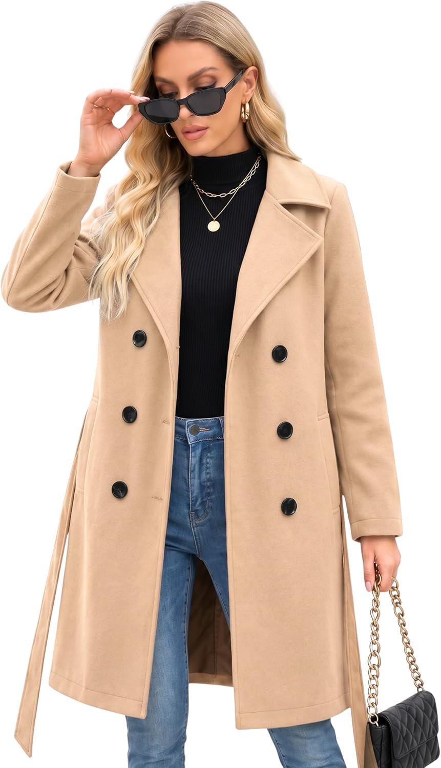 Steve Madden Trench Coat for Women – Double-Breasted Long Winter Faux Wool