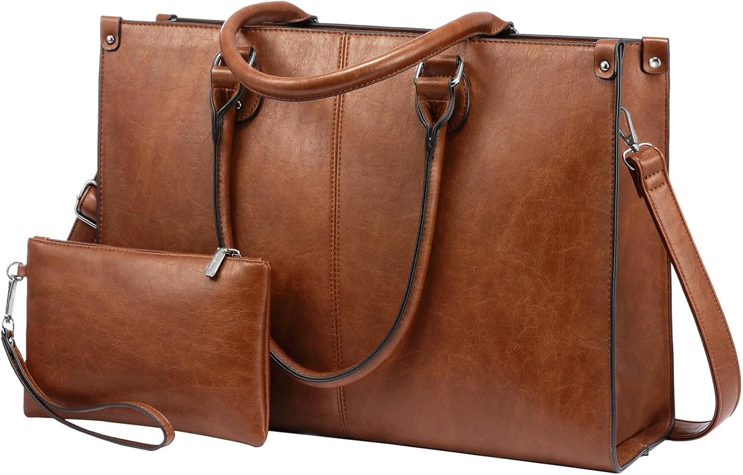 LOVEVOOK Laptop Tote Bag for Women, 15.6 Inch Professional Work Bag with Matching Clutch, Waterproof Vintage Leather Computer Tote for Office, Business Travel & Daily Use, Gift for Women