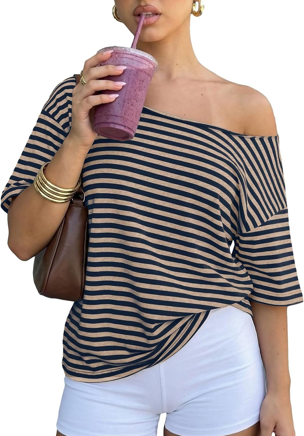 Cioatin Women Oversized Off Shoulder Striped Tee Tops Y2K Aesthetic Clean Fit Short Sleeve Tshirt Pullover Preppy Going Out