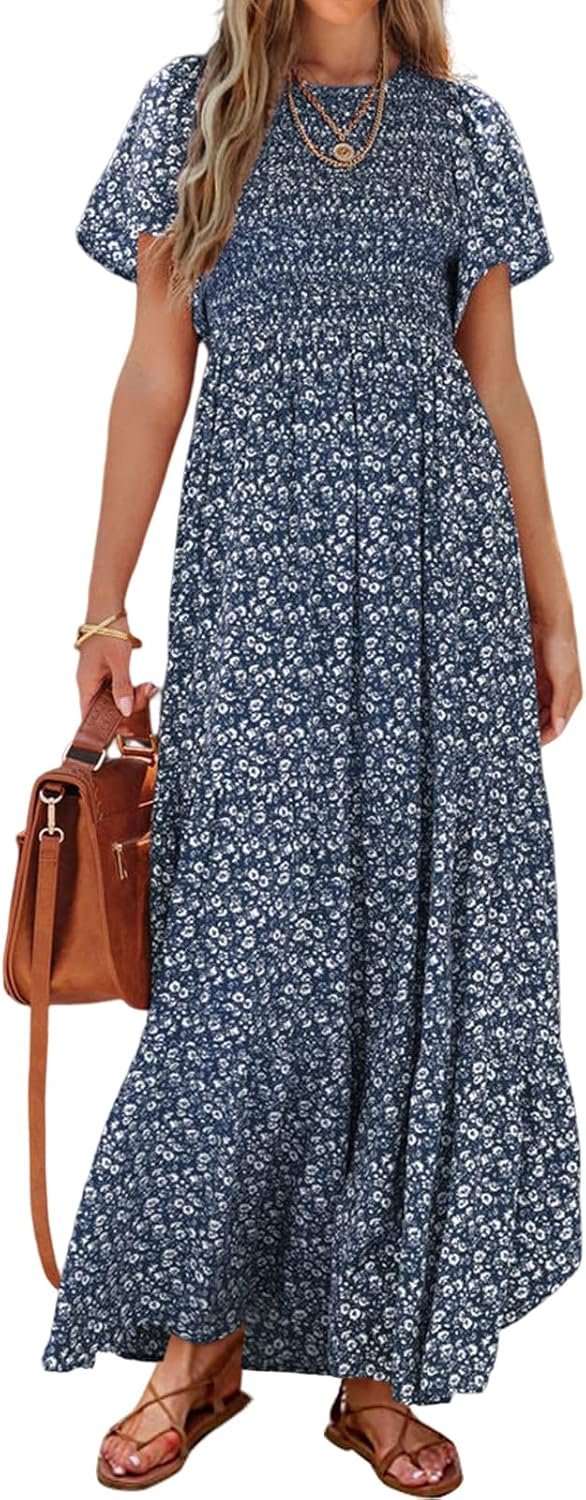 PRETTYGARDEN Women’s 2026 Summer Casual Flutter Sleeve Floral Maxi Dress | Crew Neck Short Sleeve Dress, Smocked Top High Waisted Wedding Guest Dresses for Women, Tiered Hem Flowy Boho Long Dresses