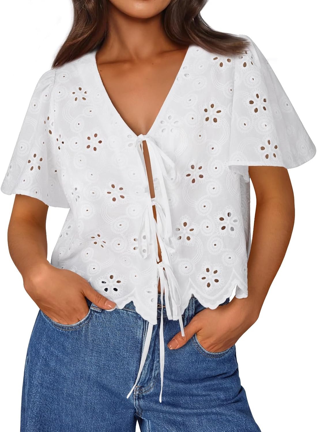 Trendy Queen Womens Summer Tops Cotton Tie Front Blouses | Bohemian Style, Crop Cute Teacher Outfits, Flowy Top, Beach Vacation Outfits 2026, Eyelet Embroidered Clothes for Campus Life