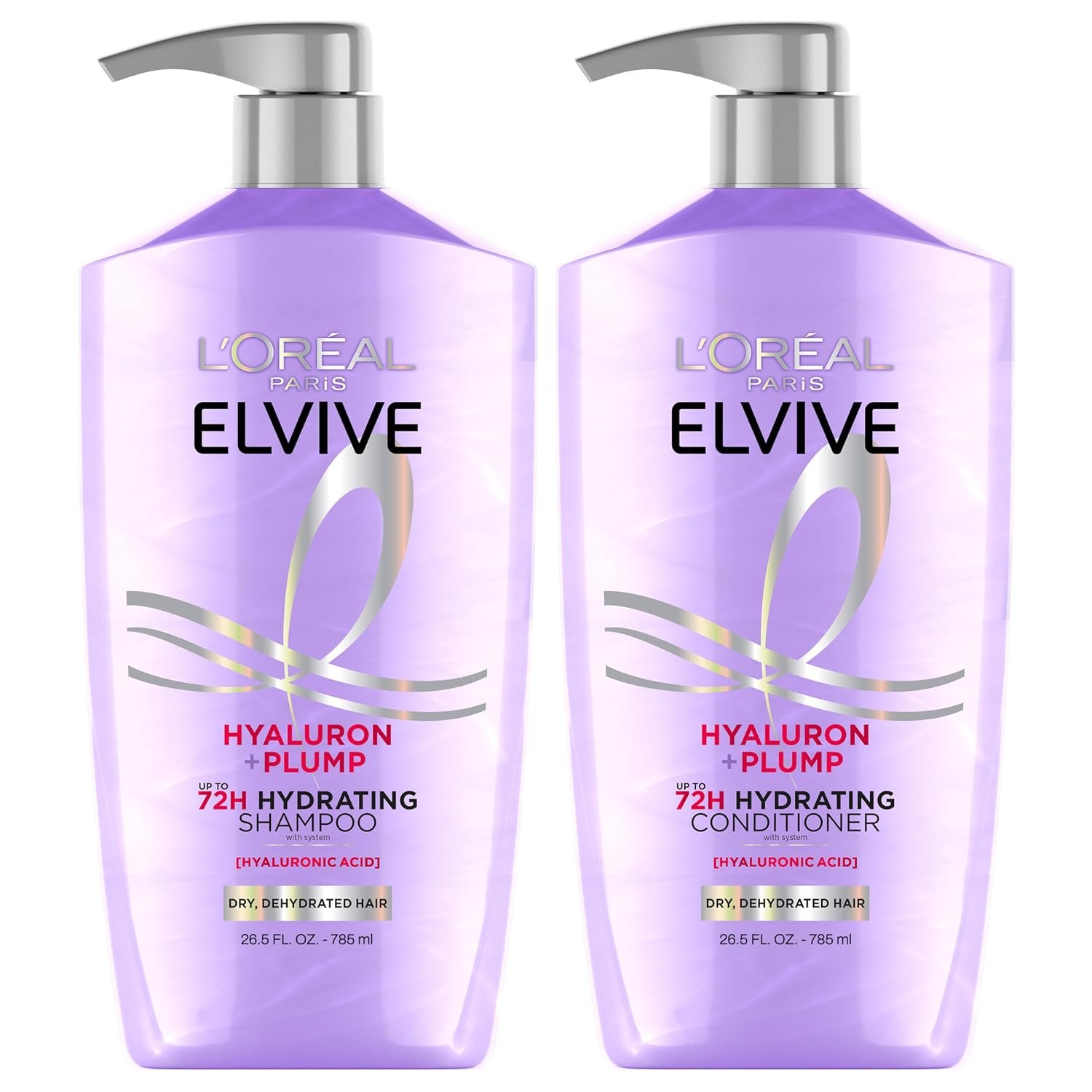 L’Oreal Paris Elvive Hyaluron Plump Shampoo and Conditioner Set for Dry, Dehydrated Hair, 72H Hydrating Hair Care, Infused with Hyaluronic Acid Complex, 53 Fl Oz Set