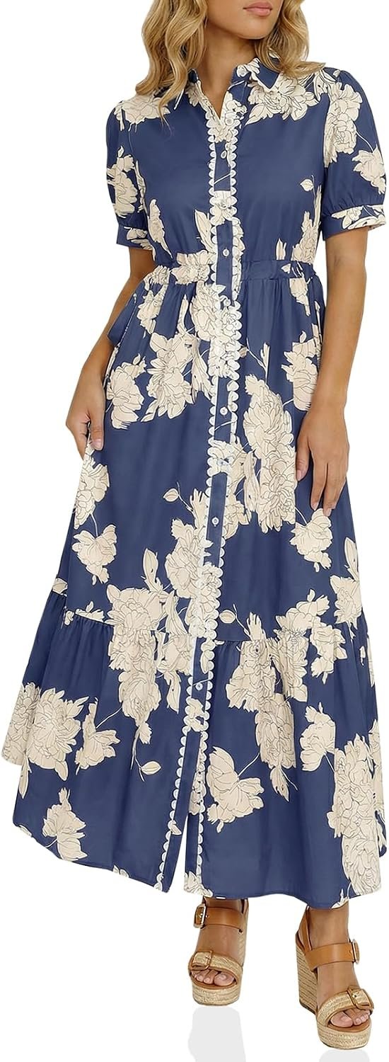 Wenrine Womens Maxi Shirt Dress Floral Short Sleeve Button Summer Dresses