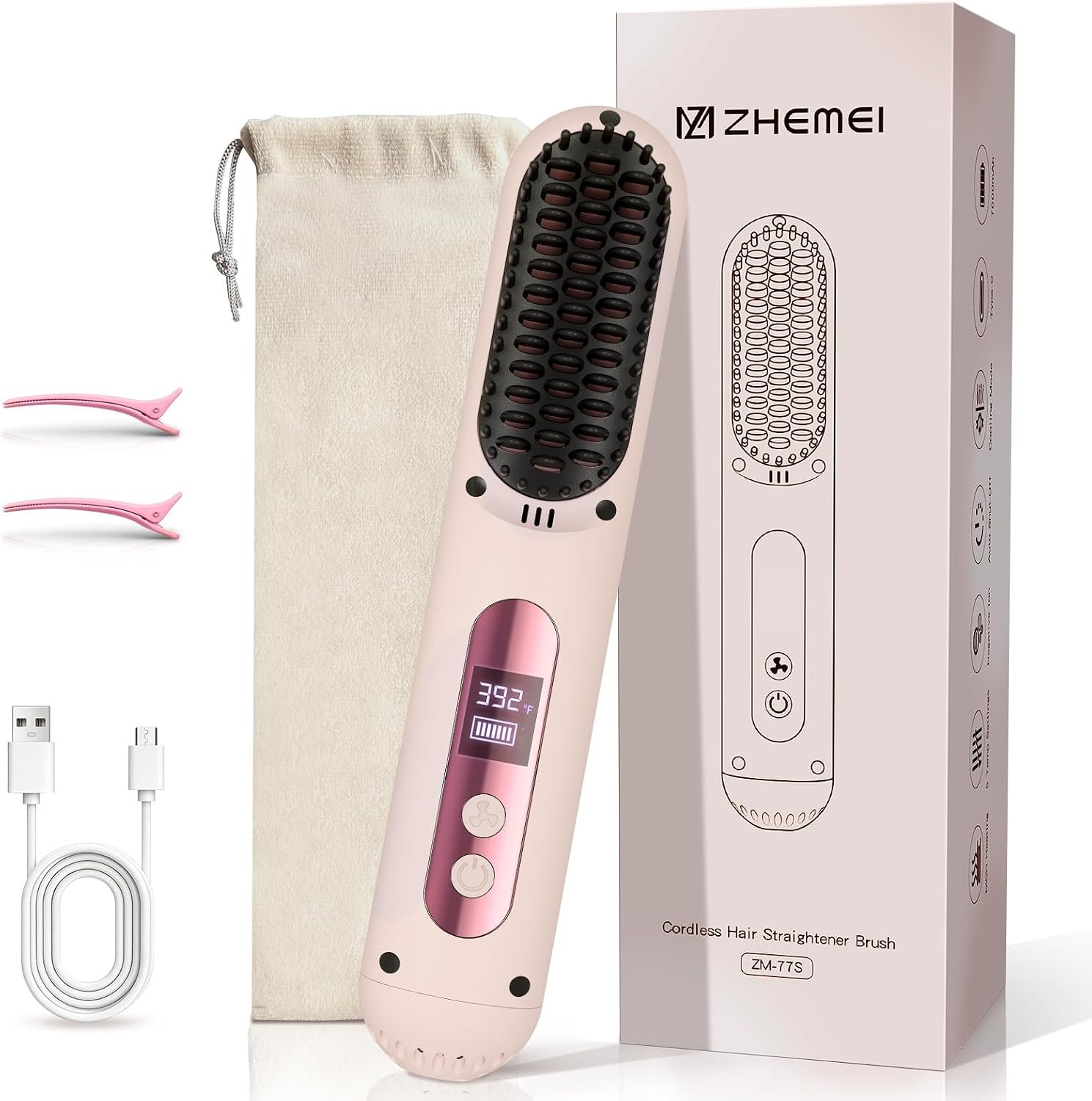 Cordless Hair Straightener Brush,Portable Hair Straightener,Pink